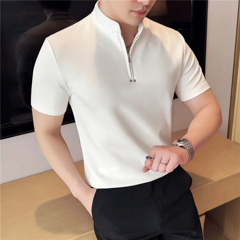 Chinese Style Stand Up Collar Half Zipper Polo Shirt Rivet Decoration Short Sleeved T-shirt Men's Slim Fit Casual T-shirt M -4XL
