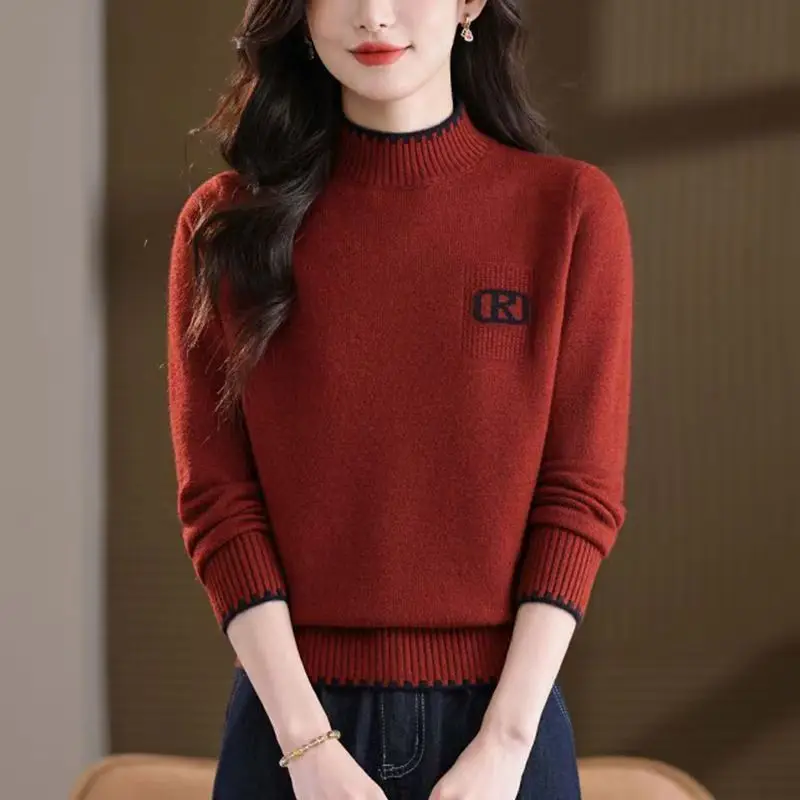 Women's Clothing Casual Loose Mock Neck Lette R Sweaters Autumn Winter New Fashion All-match Wool Knit Pullover Lady Elegant Top