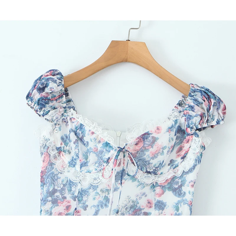 Minivestido con estampado Floral empalmado de encaje para mujer, vestido Vintage con mangas abullonadas, corte en A, informal, bohemio, para playa, verano, bata de vacaciones 2025