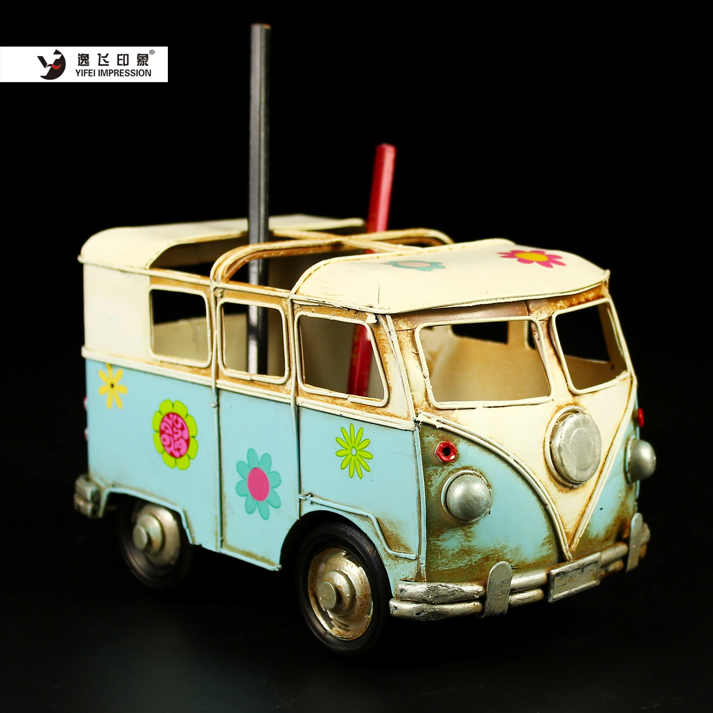

Handmade lron Metal Van Pen Pencil Holder Retro Hippie Style Desk Decor Cute Flower Car Model Office Organizer Gift