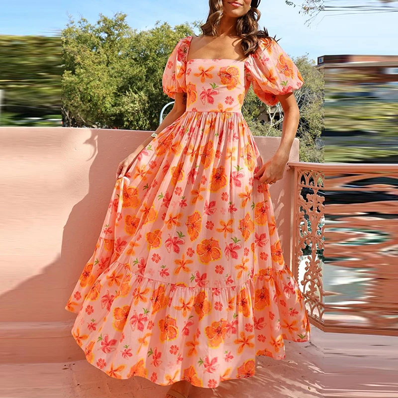 

Women Elegant Flower Print Draped Long Dress Fashion Square Neck Bubble Sleeve Bohe Dress Summer Casual Hight Waist Party Dress