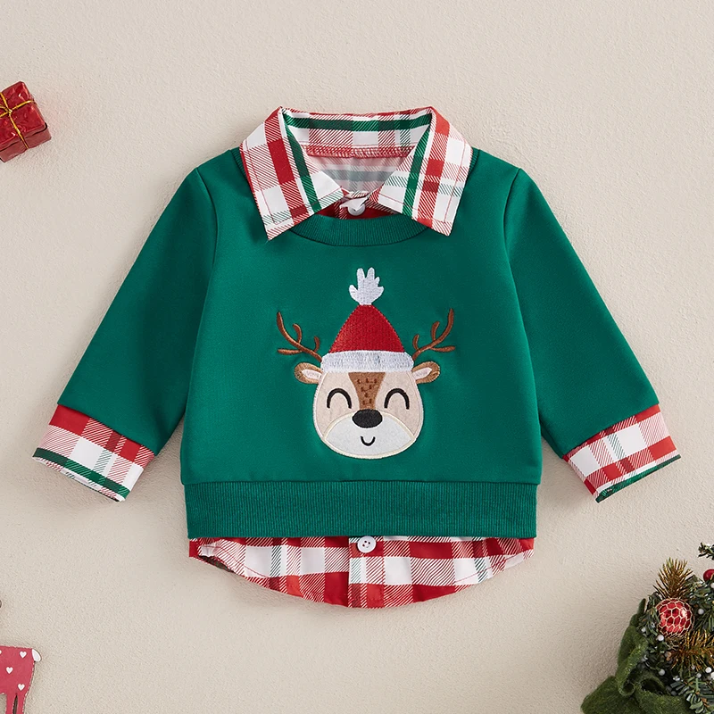 Toddler Boys Christmas Sweatshirt Plaid Santa/Reindeer Long Sleeve Lapel Neck Casual Two Fake Piece Pullover Tops