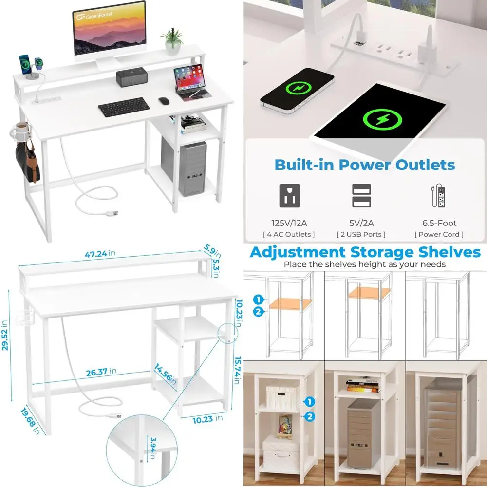 

47 Inch Ergonomic Computer Desk with Power Outlets for Small Home Office and Reversible Gaming Desk