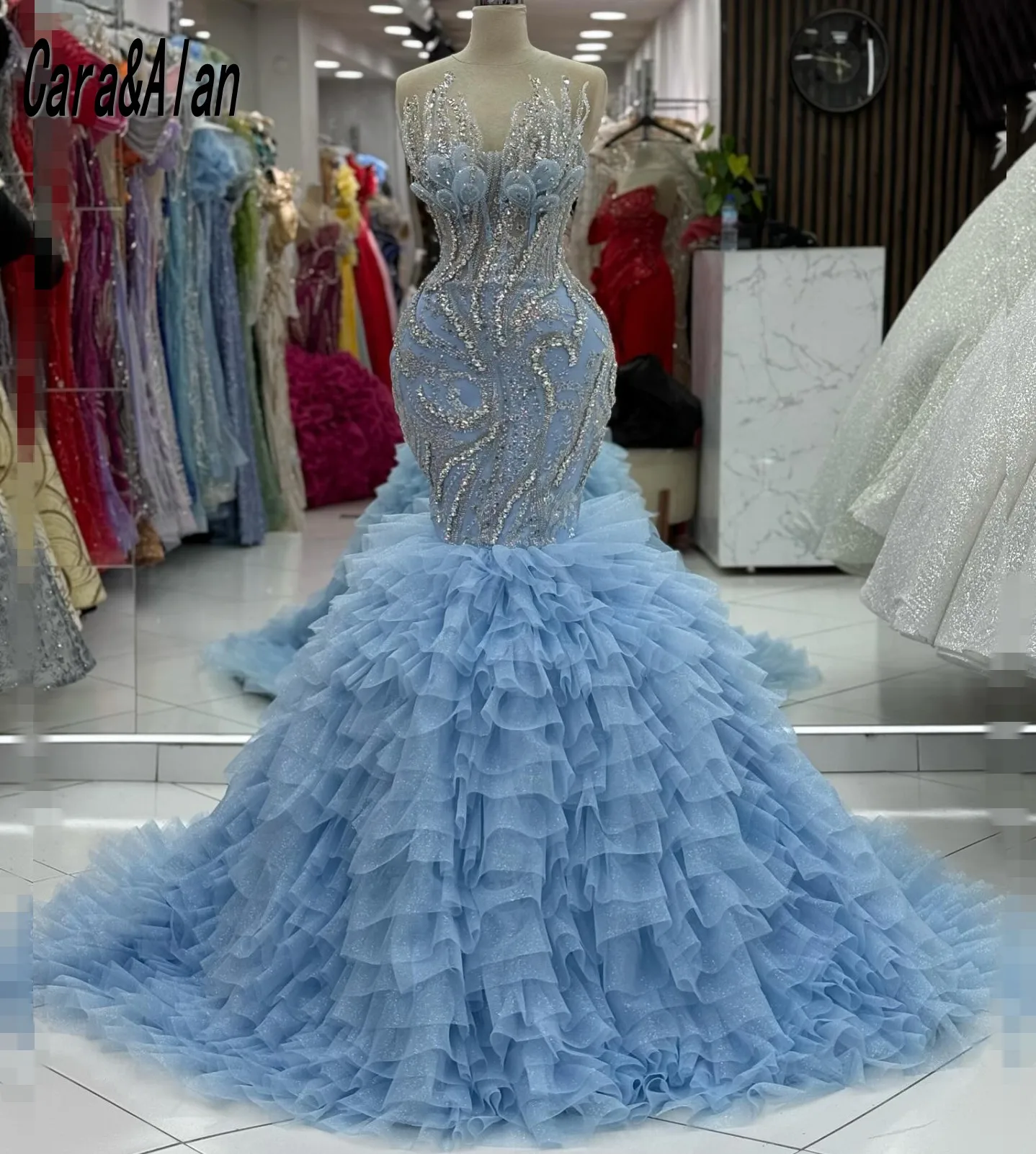 Cara Alan Lichtblauwe Avondjurken Voor Vrouwen Zeemeermin Celebrity Prom Dress 2025, Crystal Sequin Party Jurken Aangepast