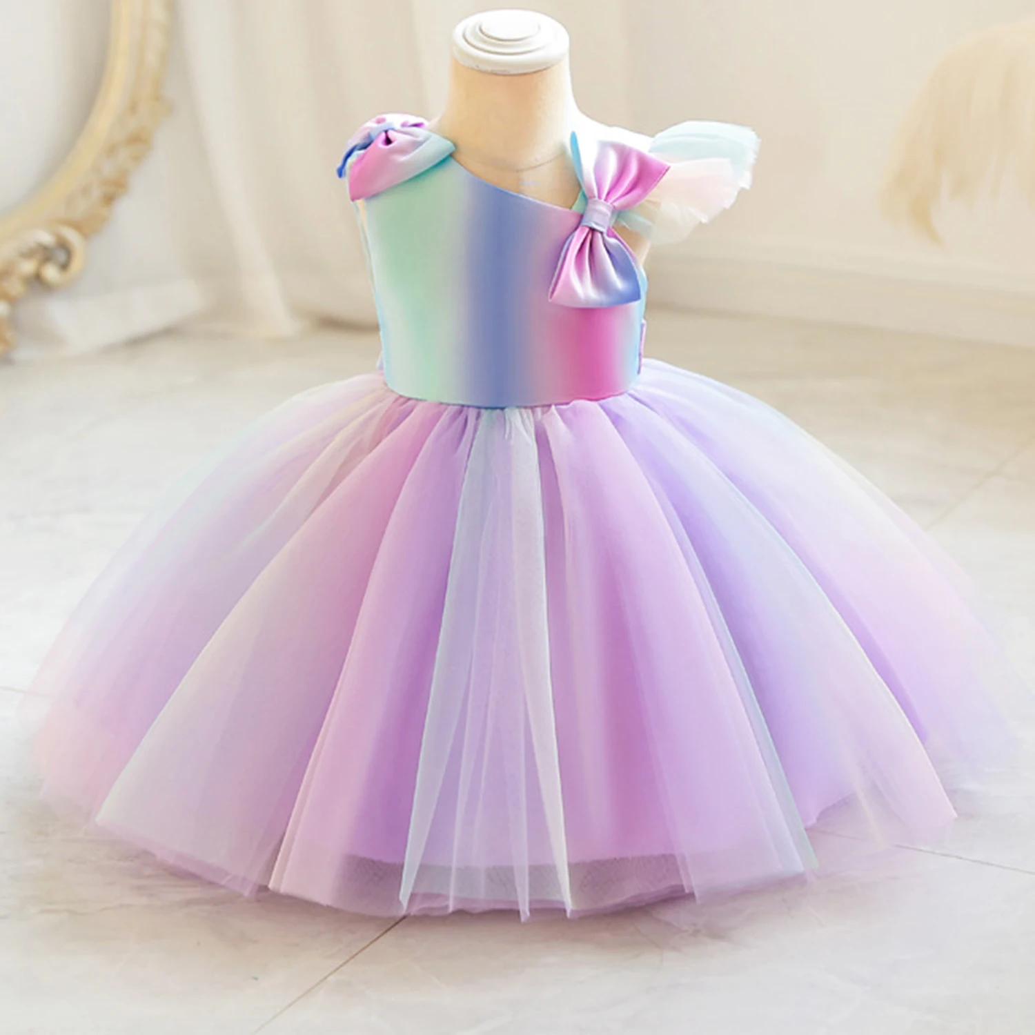 

Michella Fashion Toddler Little Girls One Shoulder 3D Bowknot Rainbow Birthday Party Dance Pageant Gown