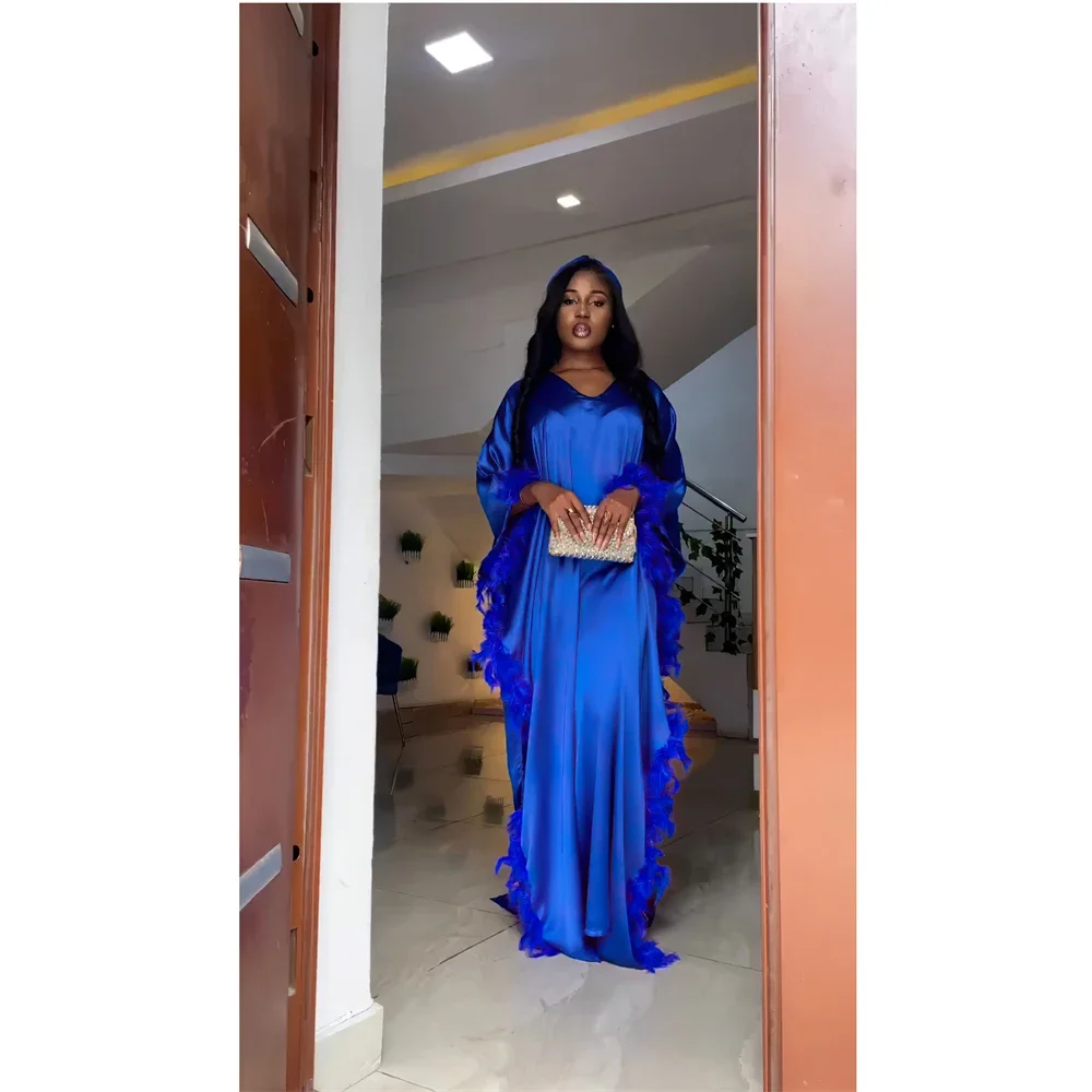 Autumn Fashion Satin Tassel Robe Dress African Women Elegant Loose V-neck Bat Sleeve Feather Long Dress Lady Party Evening Gown