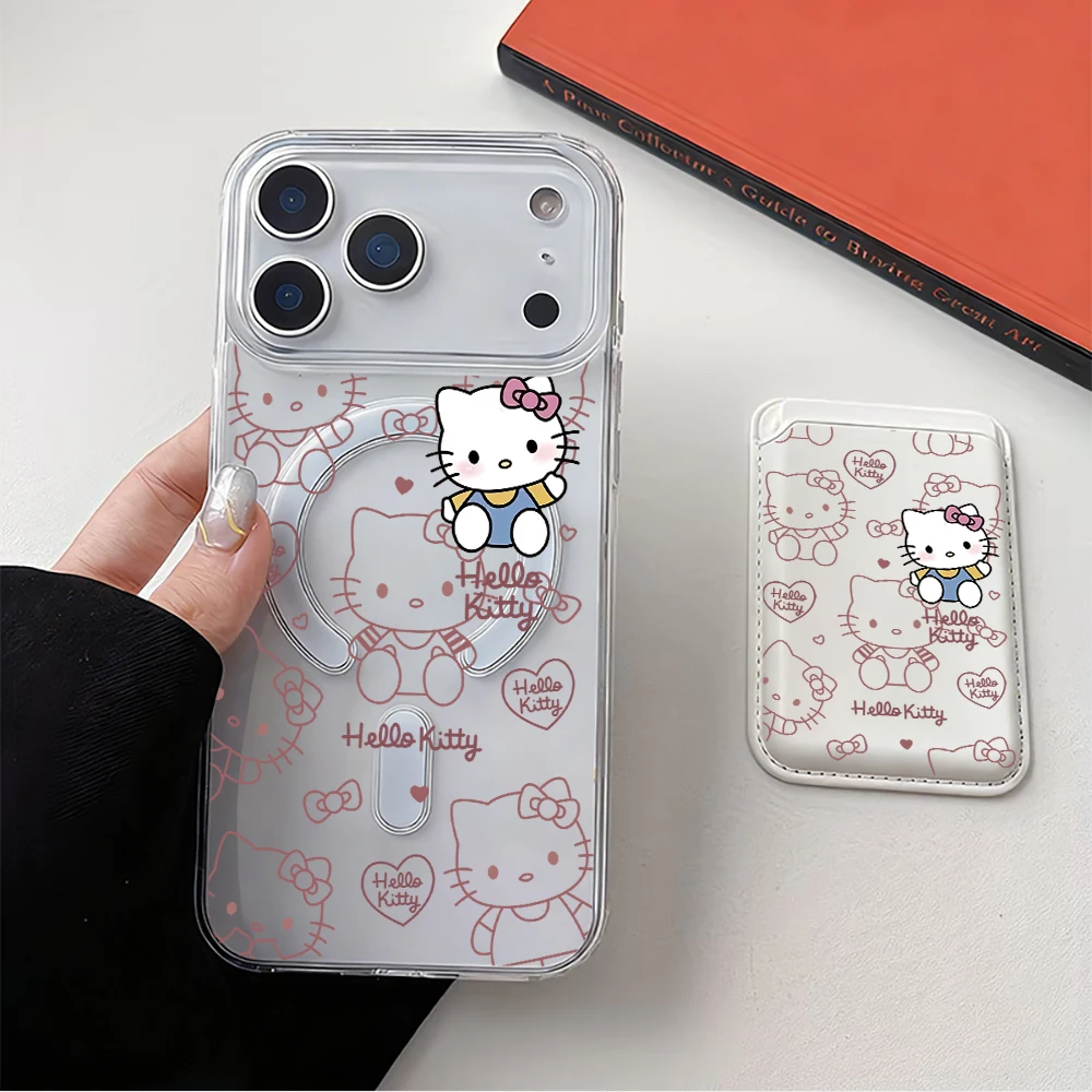 Cute Cake Hello Kitty Magnetic Card Holder Wireless Charge Phone Accessories For Magsafe wallet For iPhone For Samsung Y2k Cover