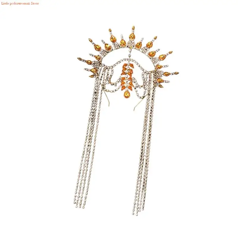 F92D Sparkling Rhinestones Tassels Crowns with Fringed Hairband for Women Special Event