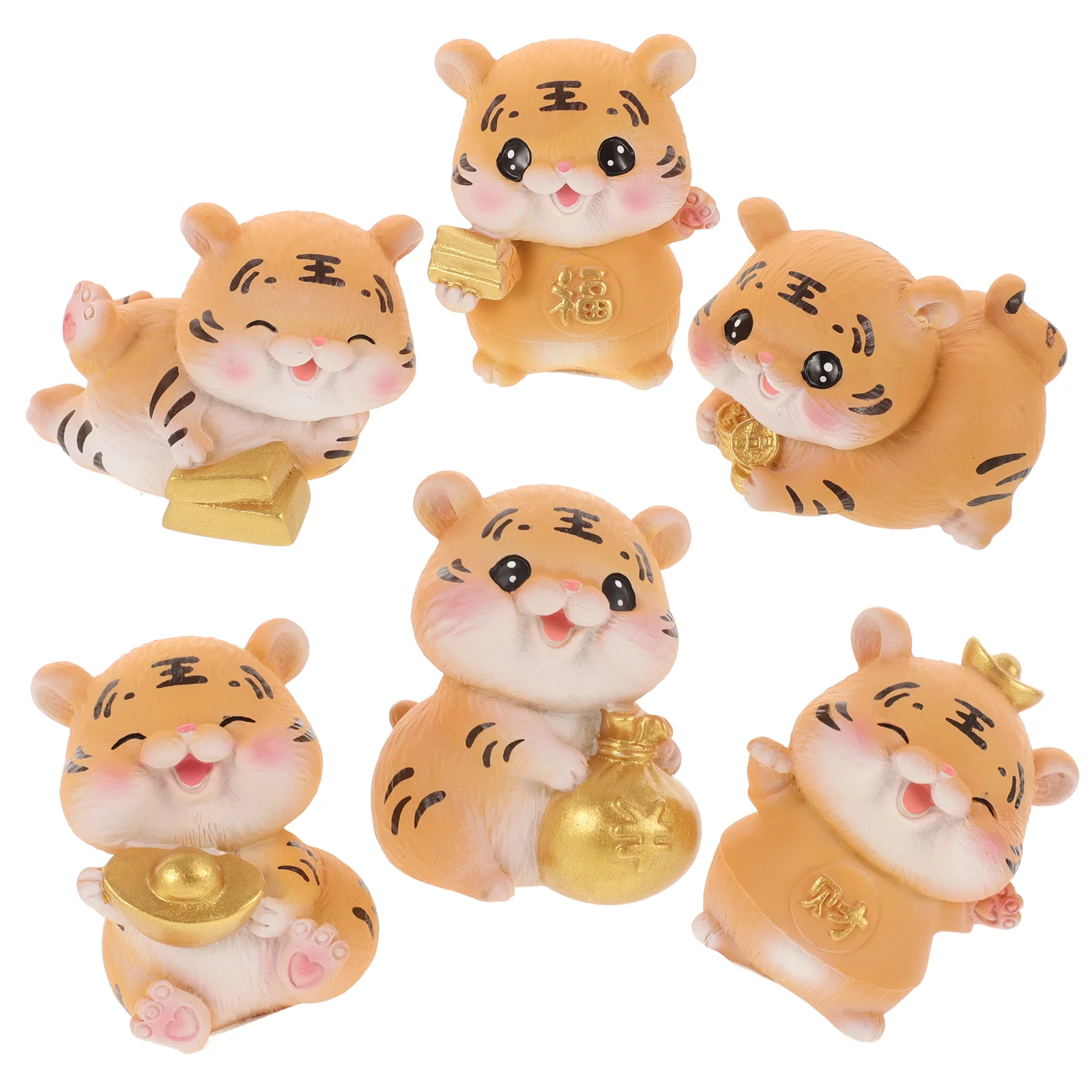 

6 Pcs Lucky Tiger Ornament Ornaments Car Toys Number Animal Crafts Decors Interior Resin Child