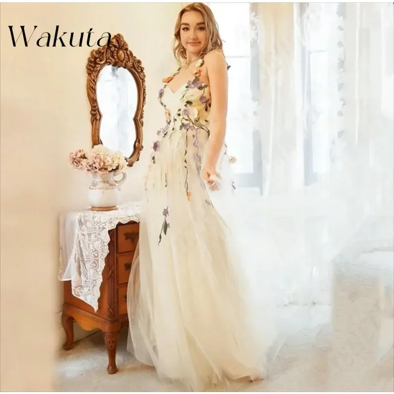 Wakuta Elegant Fairy Prom Robe 3D Decals Evening Dress فساتين سهره فاخره  Formal Occasions Tulle A-Line Party Vestidos De Fiesta