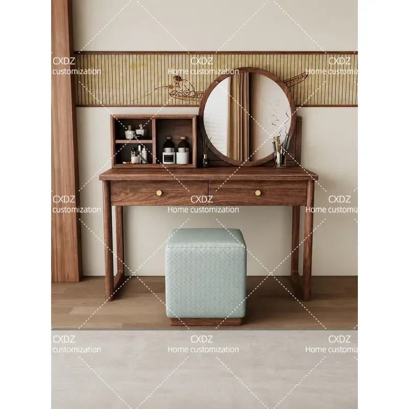 North American Black Walnut Solid Wood Dresser with Mirror Bedroom Makeup Table Storage Cabinet for Small Apartment Household