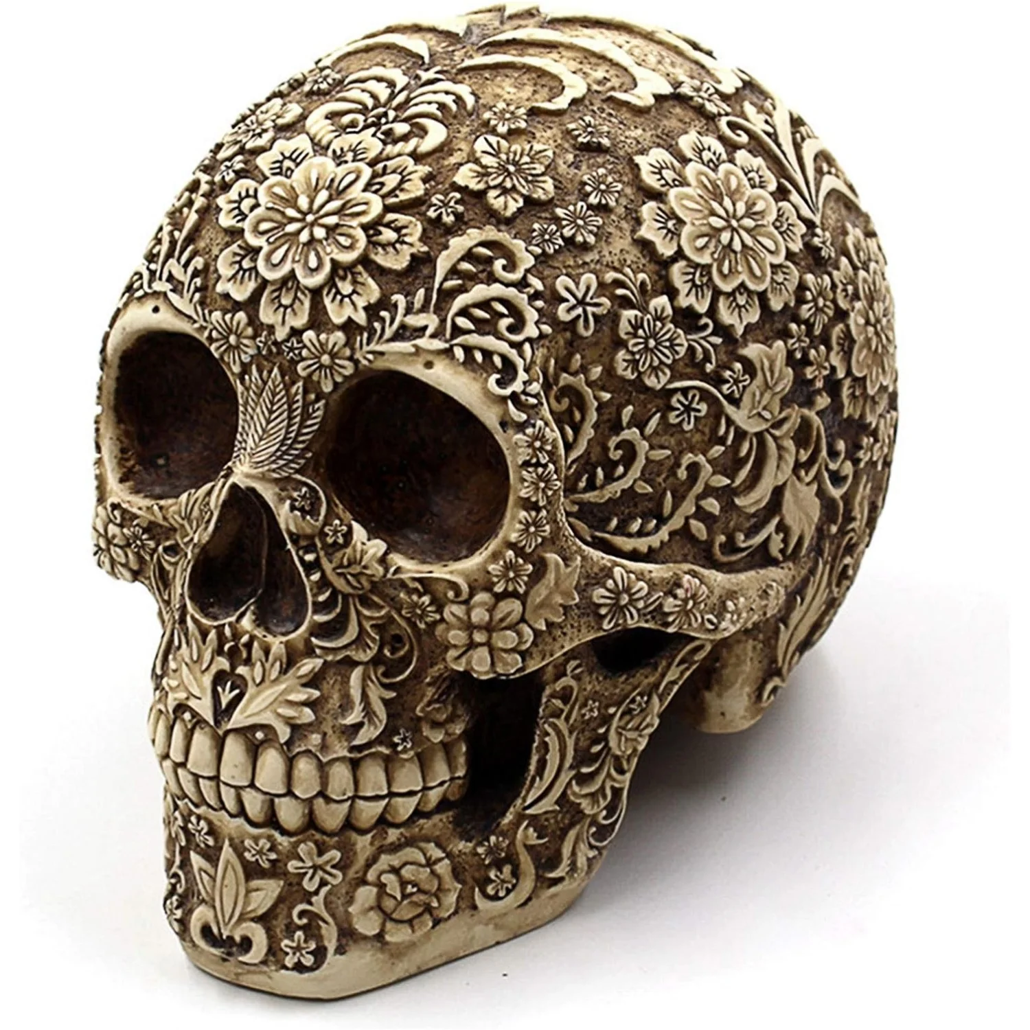 Life Size Resin Skull Floral Human Skull Model Adult Head Bone Model Day of The Dead Décor Halloween Figurines & Miniatures