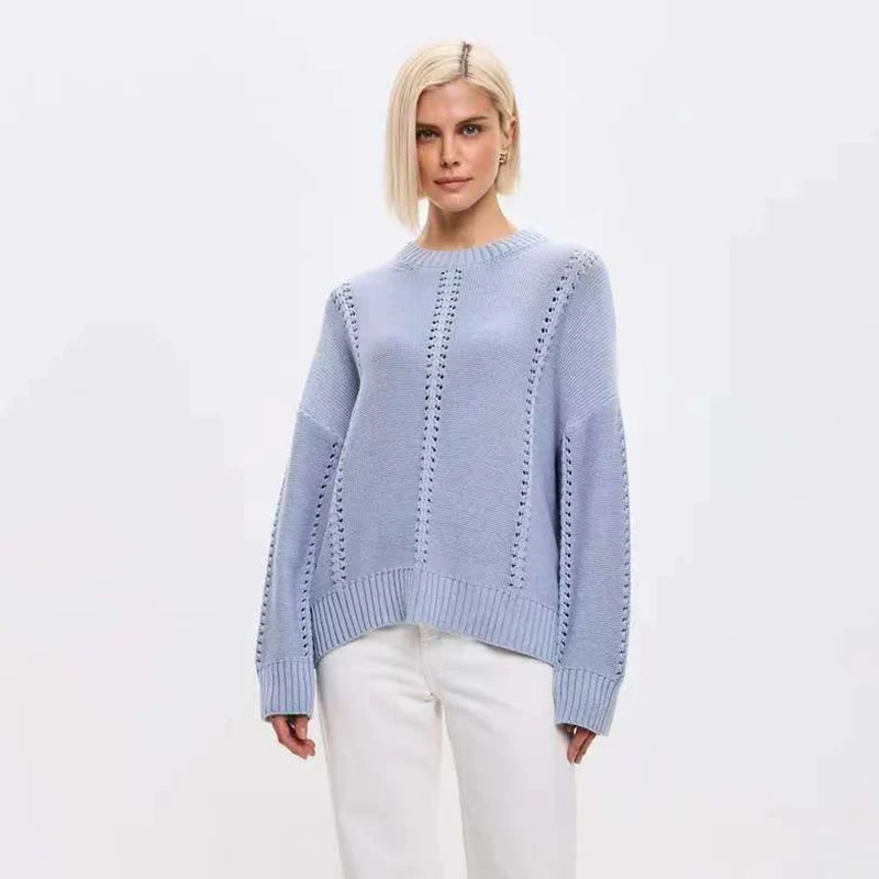 

Loose Long Sleeve Knitwear Autumn Fashion Versatile Jumpers Gray O-Neck Kniteed Pullover Sweater Women New Korean Hollow Out