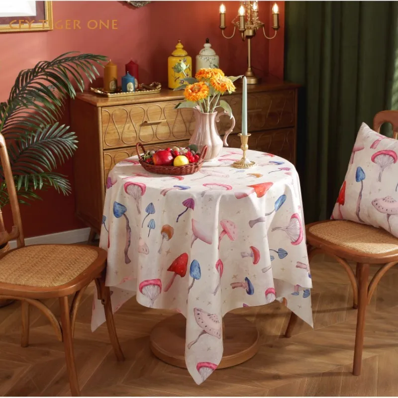 

Cotton Linen American Colored Mushrooms Printing Rectangle Rectangular Tablecloth with Tassel Dining Table Cover Tea Cloth