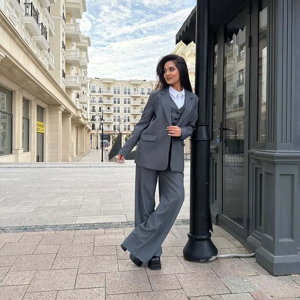 Formal Dark Grey Women Suits Single Breasted Notch Lapel Slim Fit Female 3 Piece Jacket Pants Vest Office Lady Outfits Blazer