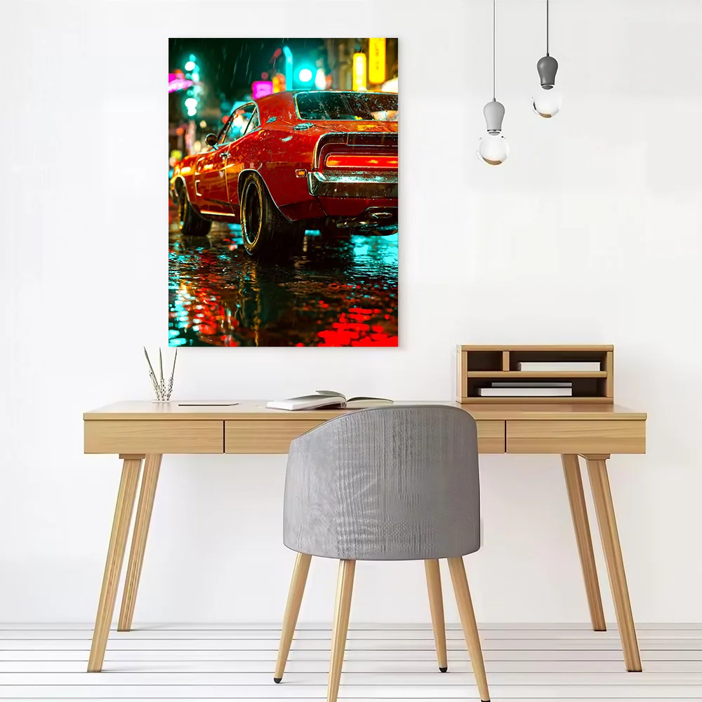 Red Classic Car in Rainy Neon Cityscape Printed Canvas Poster Personalized High Quality Wall Art Paintings for Luxury Decoration
