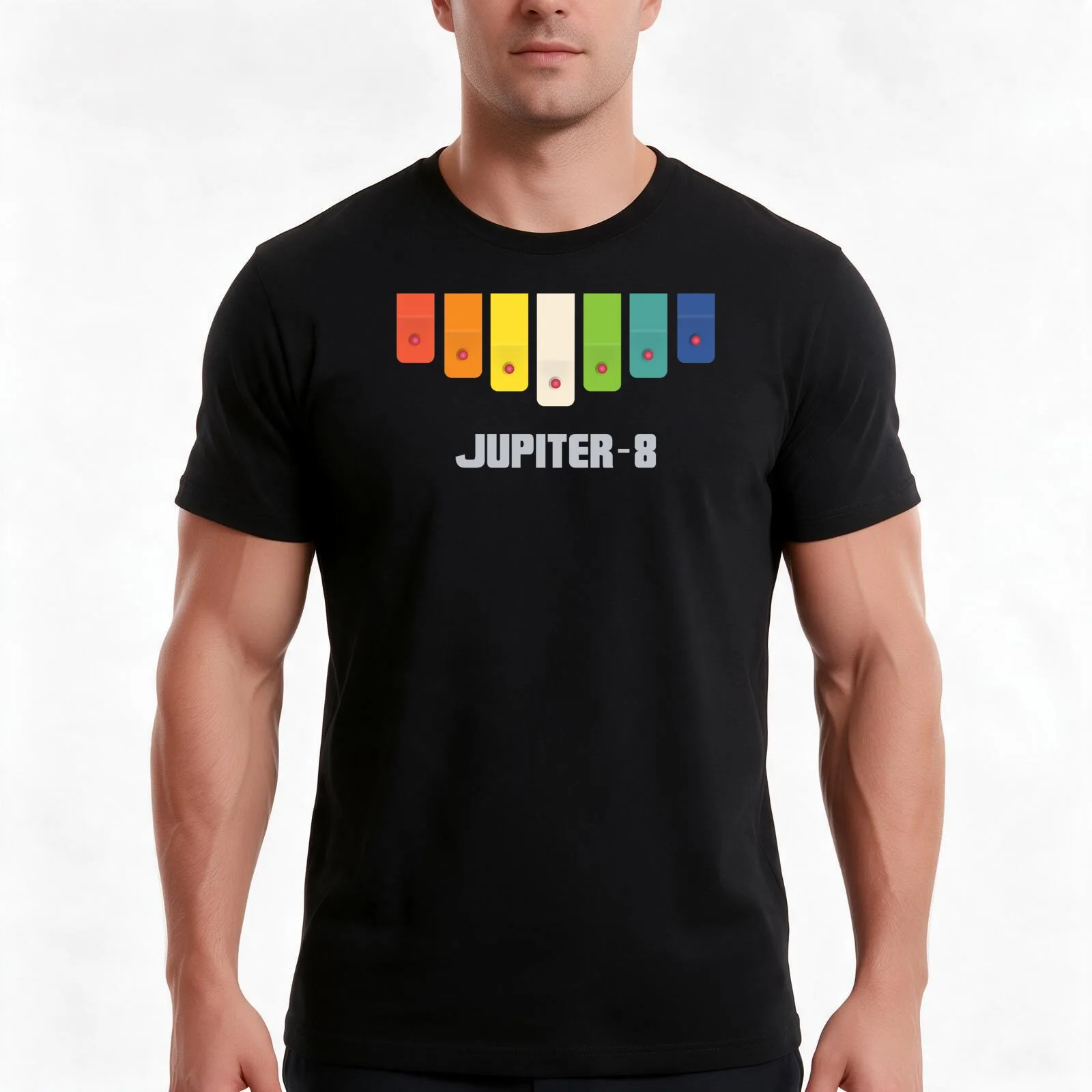 Roland Jupiter 8 Rainbow [Grey] T-Shirt, Summer Casual Cotton Tee, Oversized Streetwear Tops, Vintage Graphic Print, 100% Cotton