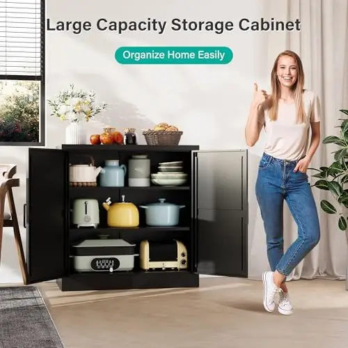 Black Storage Cabinet with Doors and Adjustable Shelves,36" Tall Farmhouse Food Pantry Cabinets,Small Sideboard image 4