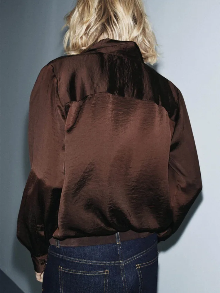 Office Ladies Summer Loose Imitation Satin Shirt Long Sleeved Drawstring Womens Tops Single Breasted Turndown Collar Shirts