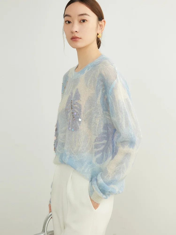 SuyaDream, Women Mohair Pullovers, Wool Blend Printed Sweaters, 2024 Fall Winter Fashionable Top, Blue