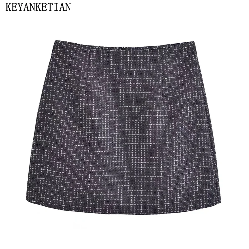 

KEYANKETIAN 2024 New Launch Women's Plaid Tweed Skirt Elegant Office Lady Spring Back Zipper High-Waisted A-Line Mini Skirt