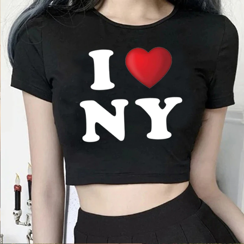 Ik Hou Van New York American Vintage Stijl T-Shirt Hot Girl Print Dames Cropped Top Y 2K Raglan Mouw O-hals Cropped Baby T-Shirt