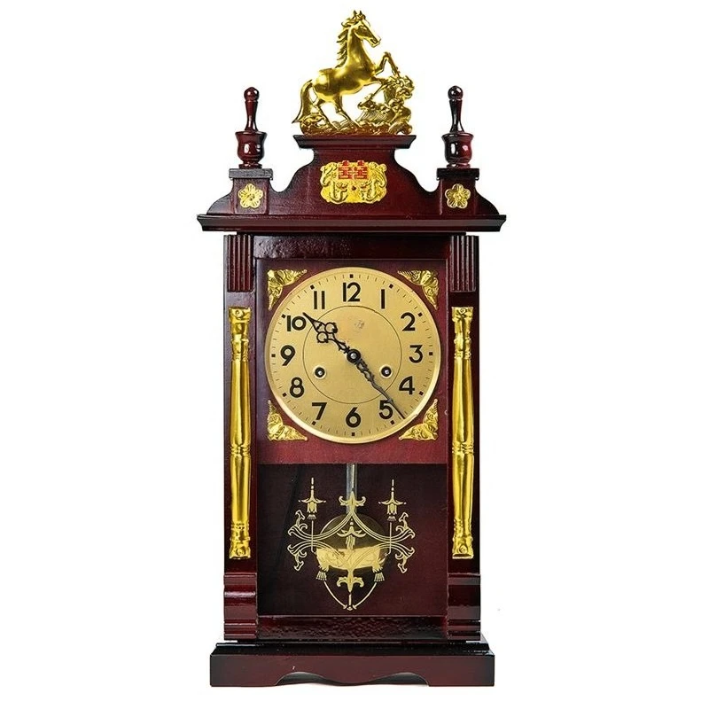 Mechanical table clock old-fashioned winding chain pure copper movement table clock solid wood time telling living room Chinese