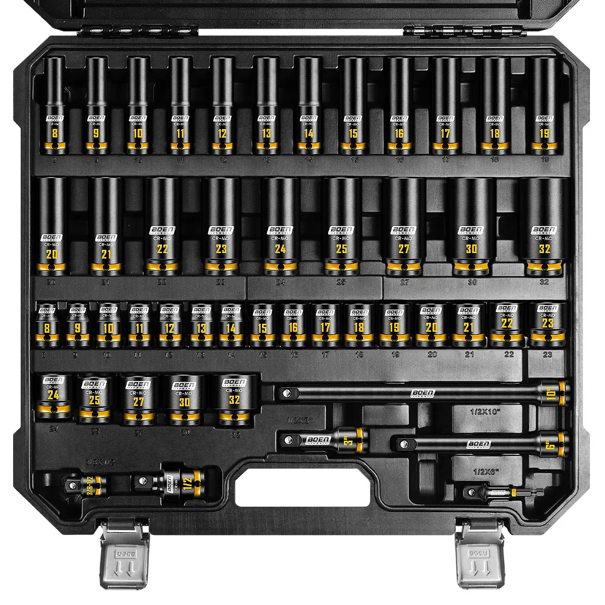 

Набор ударных торцевых головок BOEN, 48 шт., 1/2 дюйма, метрические, глубокие и неглубокие, 8-32 мм, 6-гранные, с желтой маркировкой, Cr-Mo, для колесных гаек