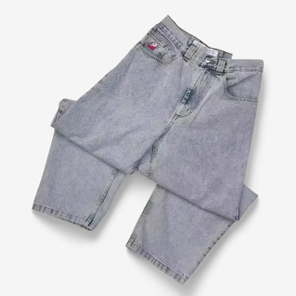 

Harajuku Свободные синие джинсы с мультяшной вышивкой в стиле хип-хоп Y2K Уличная одежда Готические повседневные прямые брюки 2000-х годов