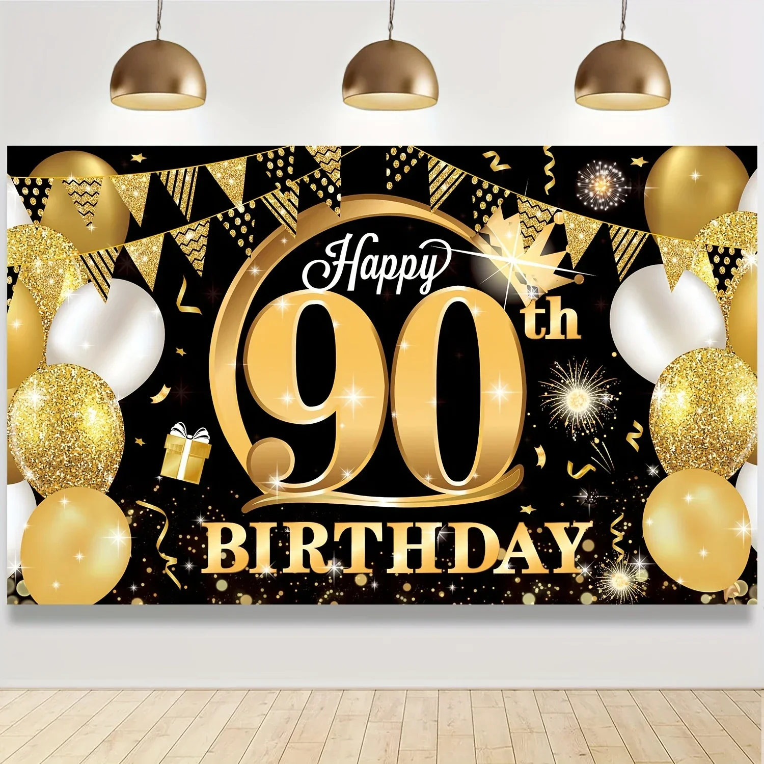 Hintergrundbanner zum 90. Geburtstag, teilweise dekorierter Hintergrund aus Schwarzgold. Alles Gute zum 90. Geburtstag für Männer- und Frauenfotografie