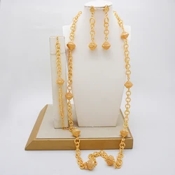 Fashion Luxury Gold Color Long Chain Bead Jewelry Set For Women Arab African Indian Charm Necklace Earrings Set Dubai Gifts