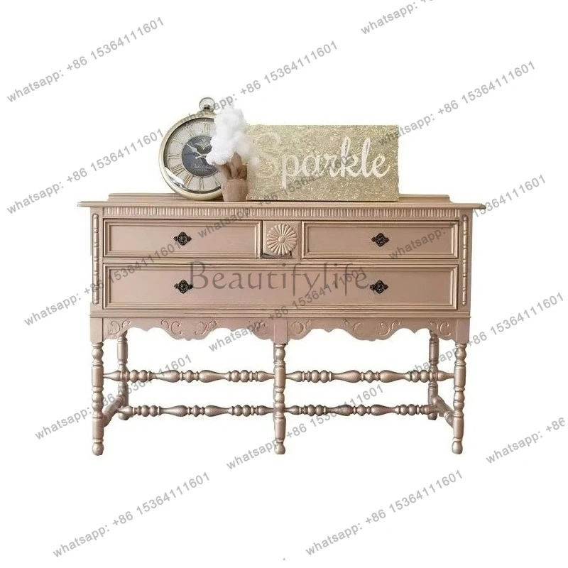 

Integrated solid wood engraved champagne gold American drawer cabinet storage side cabinet