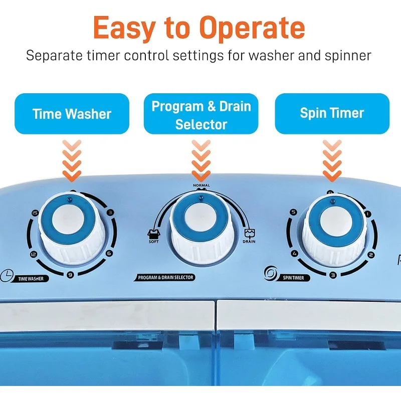 파일 휴대용 세탁기 및 스핀 건조기, 편리한 상단 적재, 쉬운 접근, 에너지 및 물 효율적인 디자인, 2 인 1