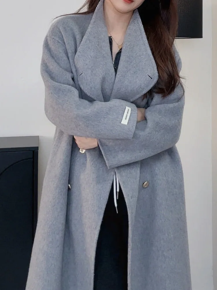 ZMEENNA 女性のロングウールコートエレガントな冬ラペルジャケットシックなアウターウェア暖かいダブルブレスト全身オーバーコート ZM3720