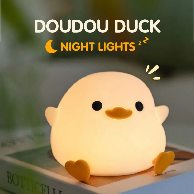 Doudou Duck-Veilleuse en silicone pour enfants, lumière douce, soins des yeux, développement USB, calendrier automatique, lampe à clapet, cadeau pour enfants