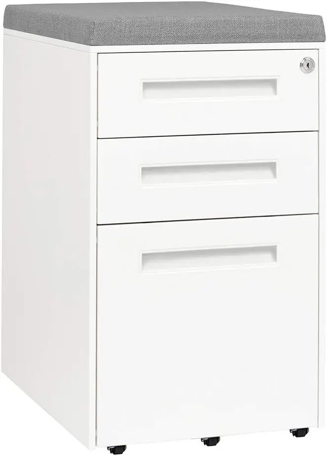 Laura Davidson Furniture STOCKPILE Seated 3 Drawer Mobile File Cabinet with Removable Magnetic Cushion Seat - Metal Filing Cabin