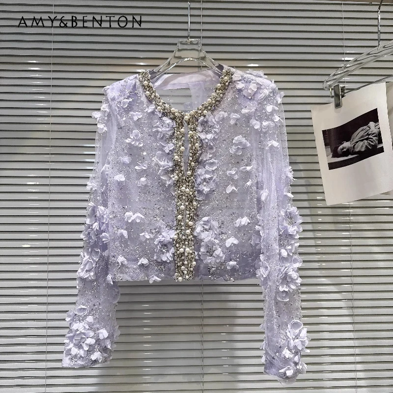 

French Design Light Purple Women's Clothing 2026 Spring New Model Rhinestone Trim 3D Floral Sequin Embroidery Mesh Coat Ladies