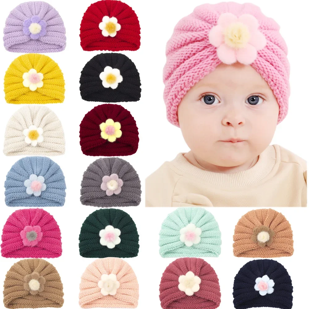 

New Flower Baby Hat Autumn Winter Knit Baby Beanie Big Elastic Kids Turban Hat Infant Bonnet Newborn Cap Girls Boys Accessories