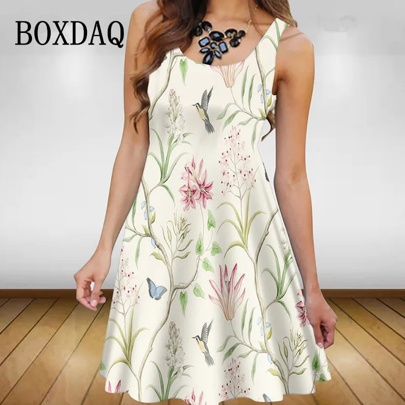 

Summer Tank Beach Dress For Women 2022 Birds Floral Print A-Line Dress Casual Sleeveless Round Neck Ladies Oversized Dress Tunic