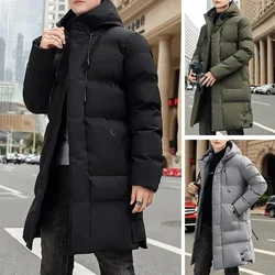 Hooded Winter Down Coat for Men Parkas Thickened Solid Color Padded Cardigan Midi Length Zip Up Men's Coat for Daily Wear