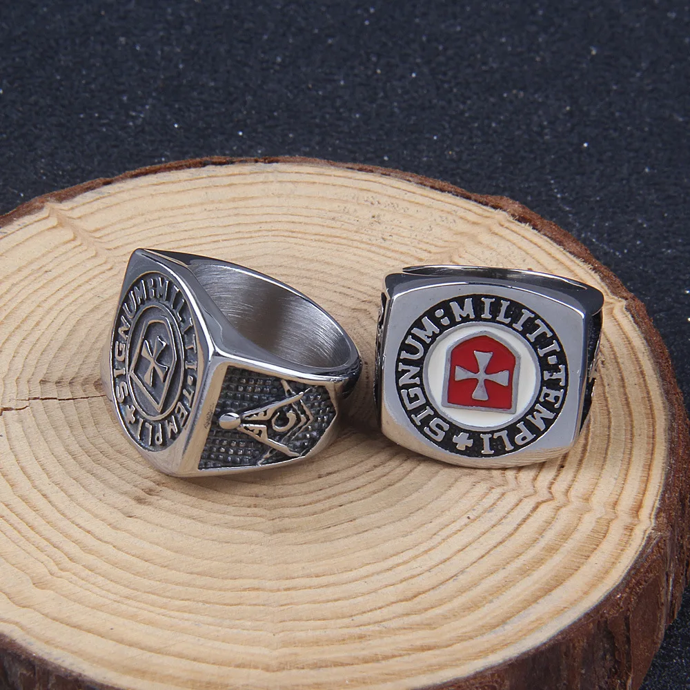 European and American Personality Jewelry Shield Cross Freemason Men's Stainless Steel Rings Size 7-13