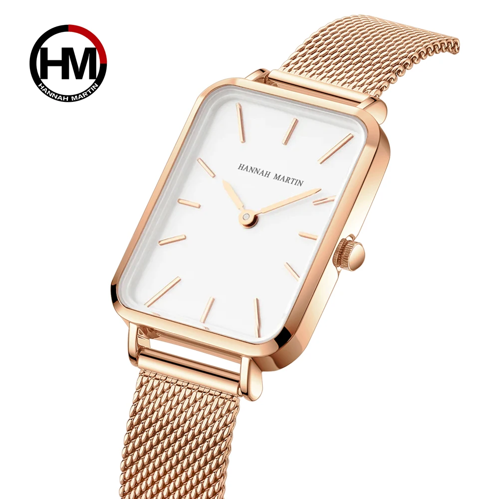 Square Women Stainless Steel Mesh Strap Watch Fashion Japanese Movement Rose Gold Simple Leisure Fashion Hannah Martin Watches