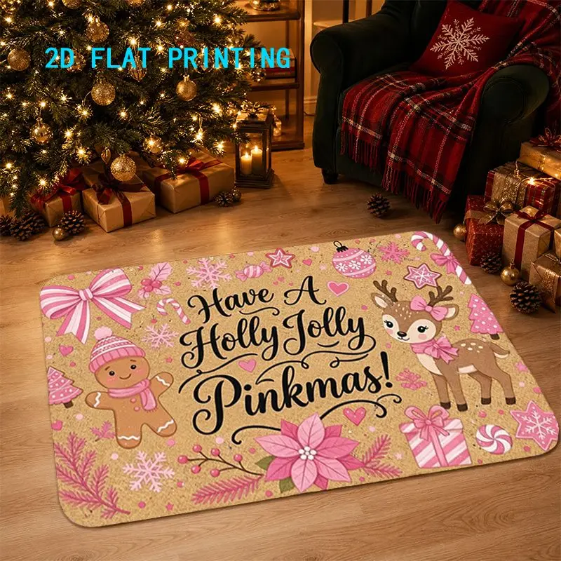 VIKAMA Pinkmas Welcome Doormat Holly Jolly Pink Reindeer Gingerbread Skid Resistant Entry Floor Rug Seasonal Xmas Decor Machine