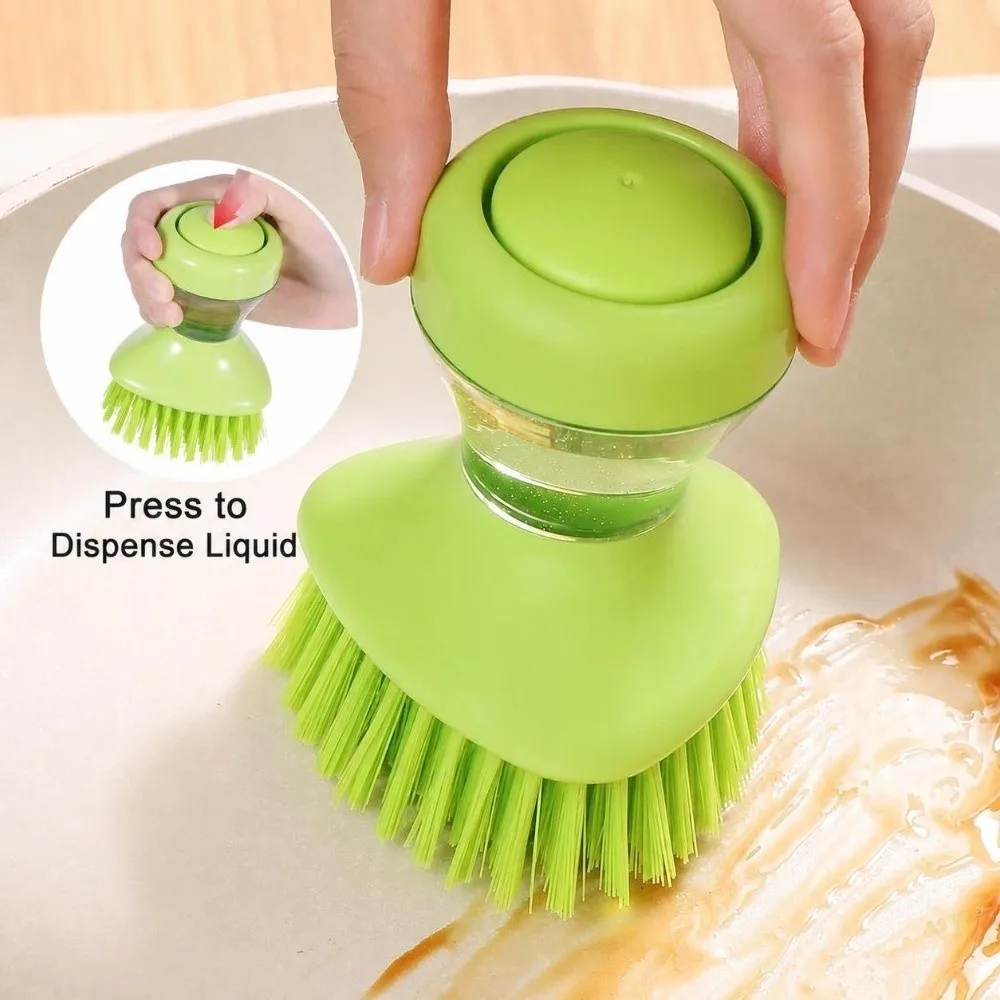 Durable Self Dispensing Dish Brush Round Bristle Head Ergonomic Grip Kitchen Cleaning Brush Dishwashing Brush Cookware Cleaning
