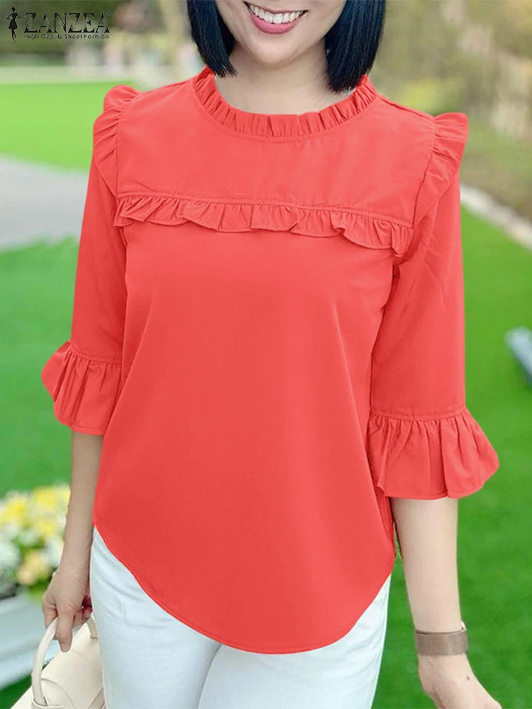 ZANZEA Women Stylish 3/4 Flare Sleeve Work Blouses Autumn Spring Shirt O Neck Tops Female Chemise Stylish Solid Holiday Blusas