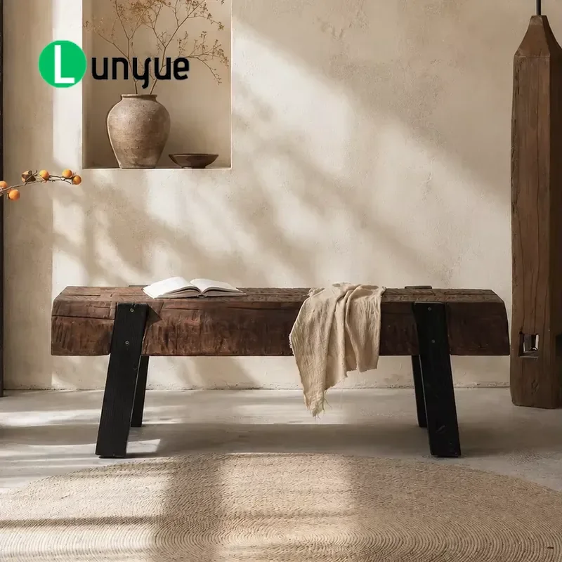 Wabi Sabi Solid Wood Bench Carved Pattern Shoe Stool Retro Entrance Bench for Living Room Entryway Durable Natural Furniture