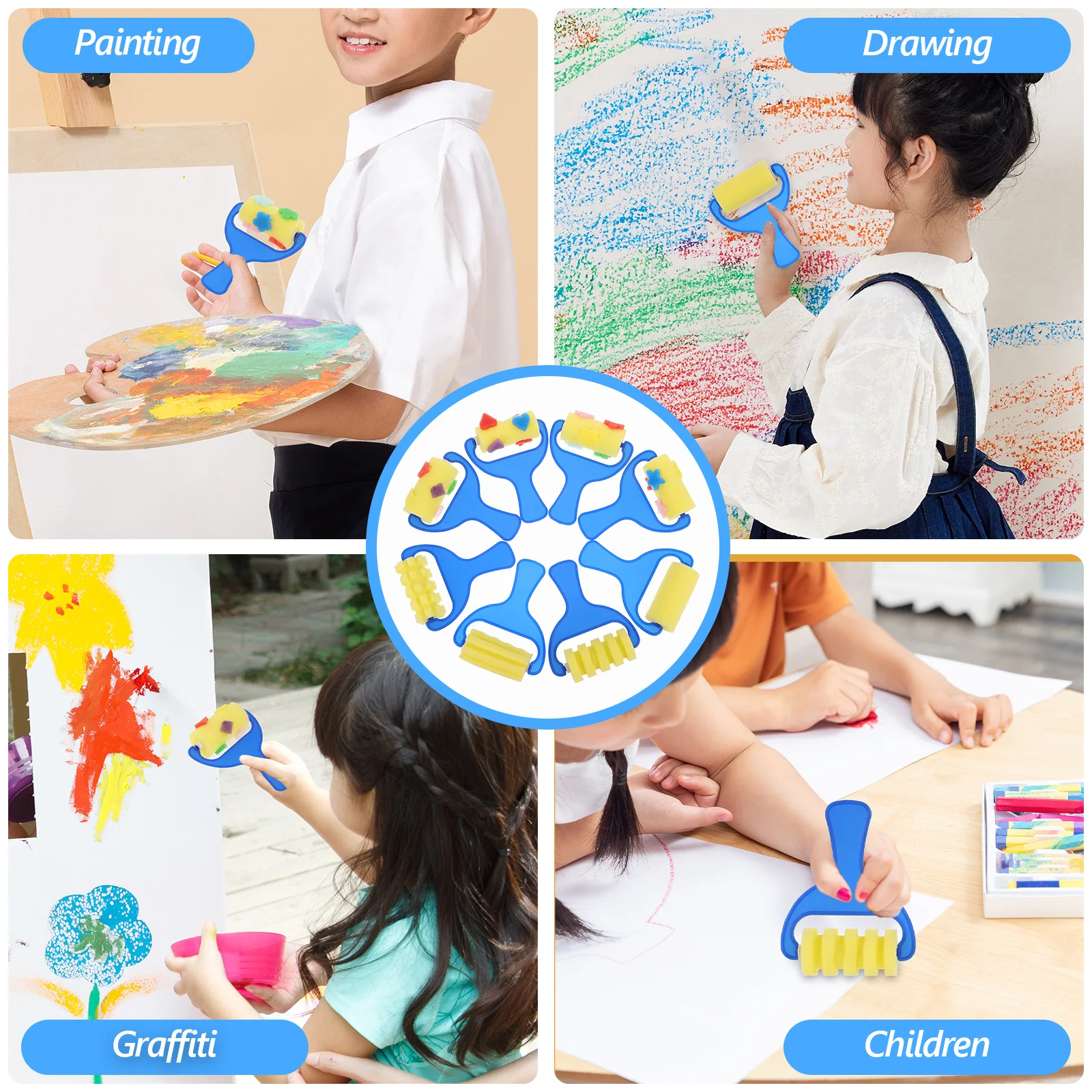 

4pcs Sponge Drawing Roller Kids Painting Tool Set 4 Roller Brush 4 Pattern Printing Brush Durable Premium Material Art Lesson