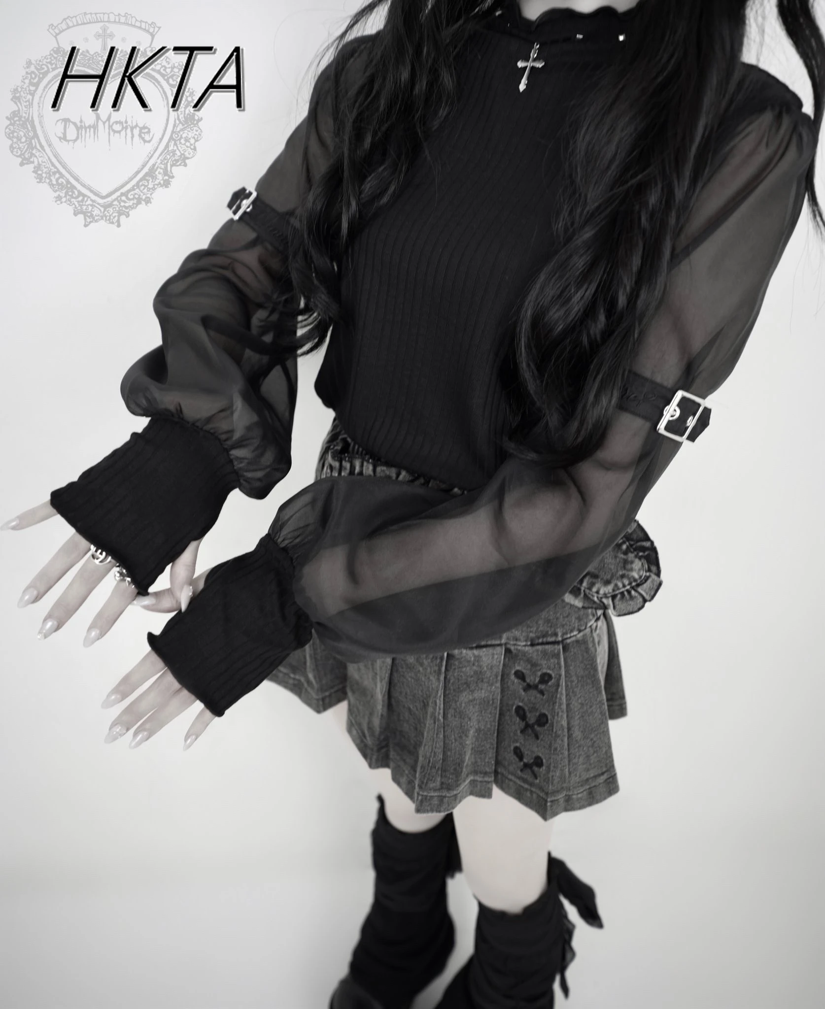 ผู้หญิงญี่ปุ่นเสื้อยืด Harajuku Punk Lolita Mass-ผลิต Mine ตาข่ายเย็บ Bottoming เสื้อแขนยาวสีดําสีขาว Y2k Top