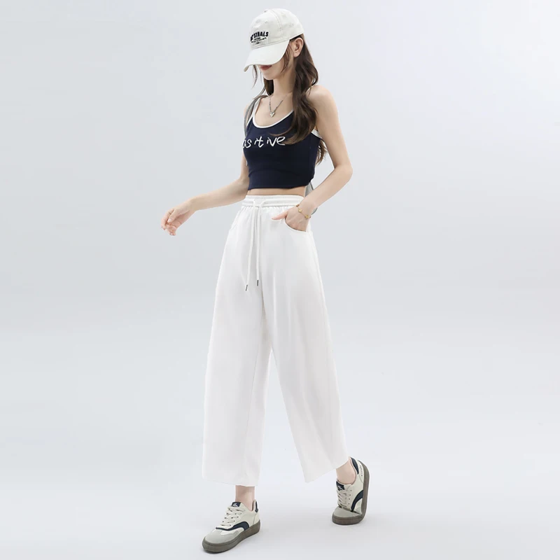 

﻿ Женские брюки-баллоны на весну-лето с высокой талией, свободные шаровары, повседневные удобные брюки для невысоких, однотонные, белые