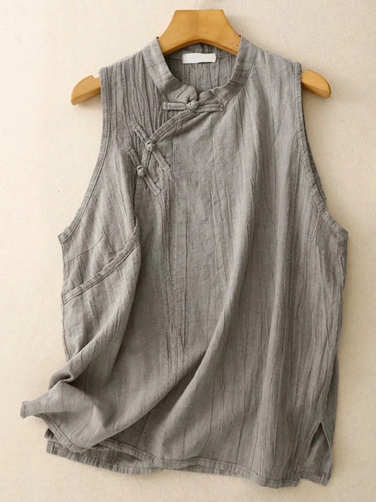 夏用コットンリネン染めベスト レディース チャイニーズスタイル 国風 スタンドカラー トップス リネン 快適 多用途 ベスト